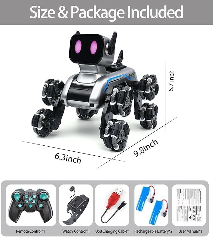 Kunkid 8-Wheel RC Stunt Robot Dog — 2.4GHz Remote Control Pet Dog Toy with Drift Wheels, 360° Spins, LED Eyes, Cool Smoke Effect & Rechargeable Battery — Interactive Robotic Puppy for Kids