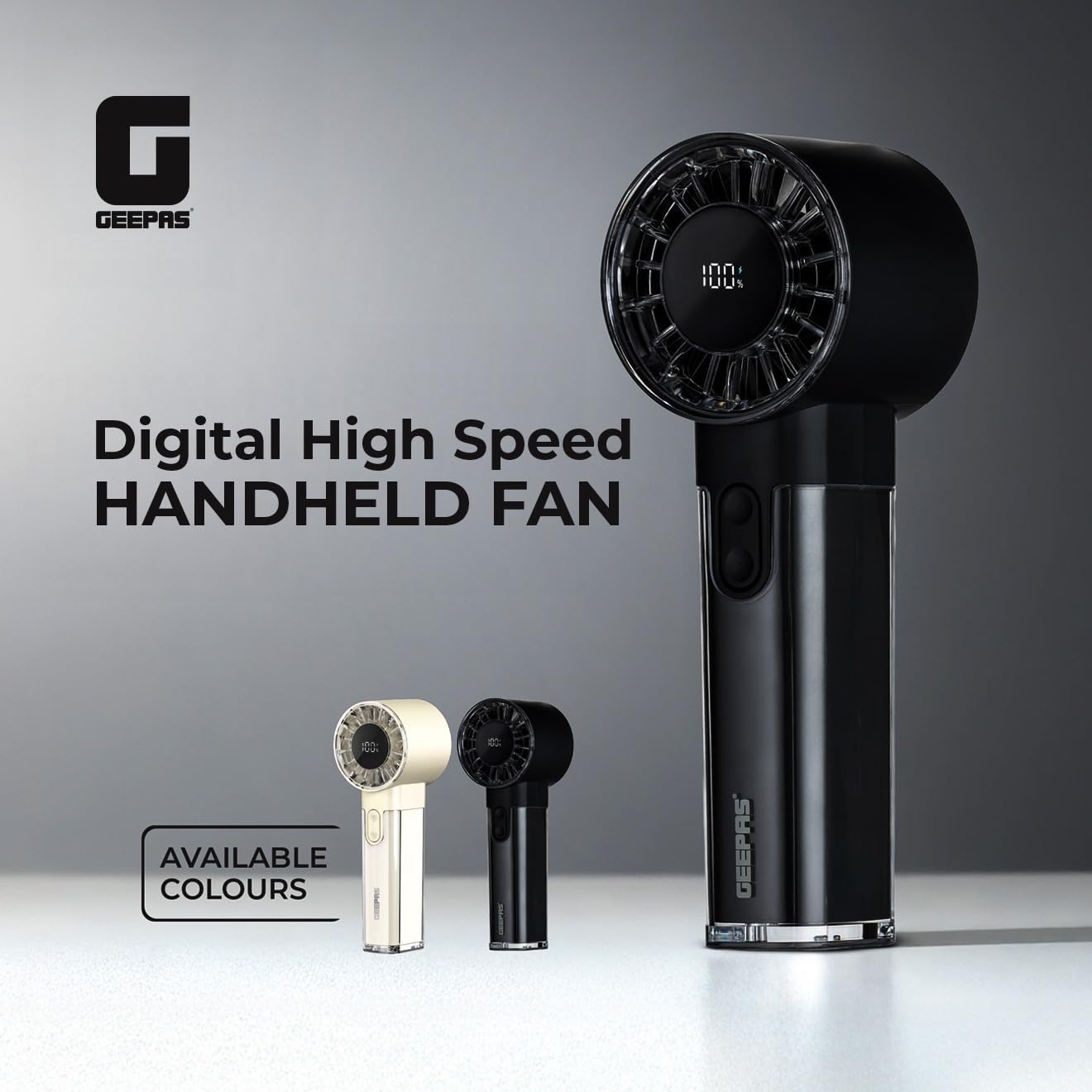 Digital High-Speed Handheld Fan GF21226 – 100-Level Wind Speed, Digital Display, Silent Operation, 3000mAh Battery, USB-C Fast Charging