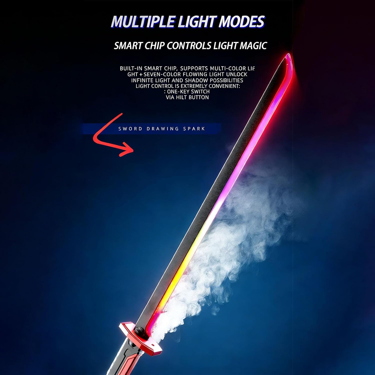 Denash Spark Sword, 30.7" Spark Blade with Flashing Multi Color Lights and Sound, Portable Light Up Sword with Sheath for Cosplay and Display
