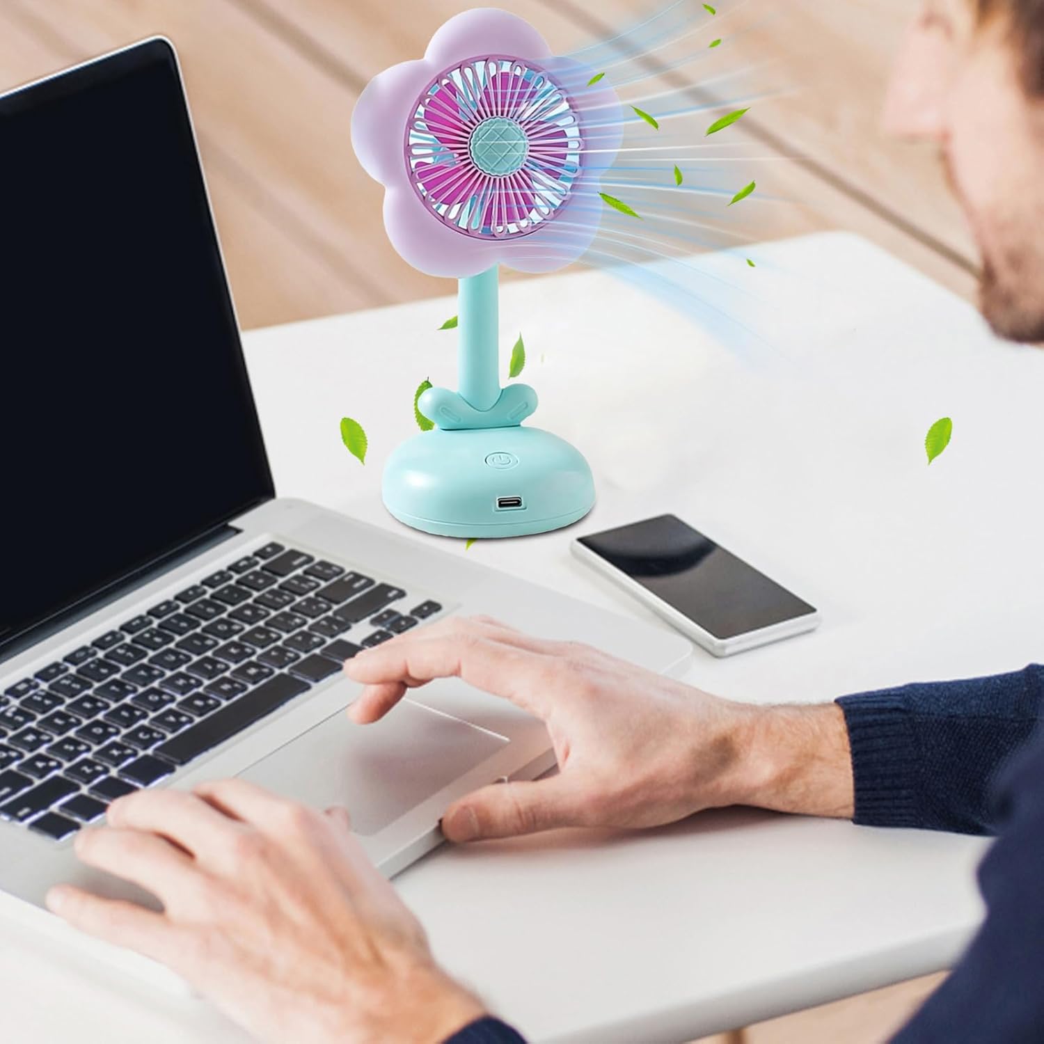 Flower Mini Desk Fan – Quiet Air Circulator with Night Light &amp; 2-Speed Settings