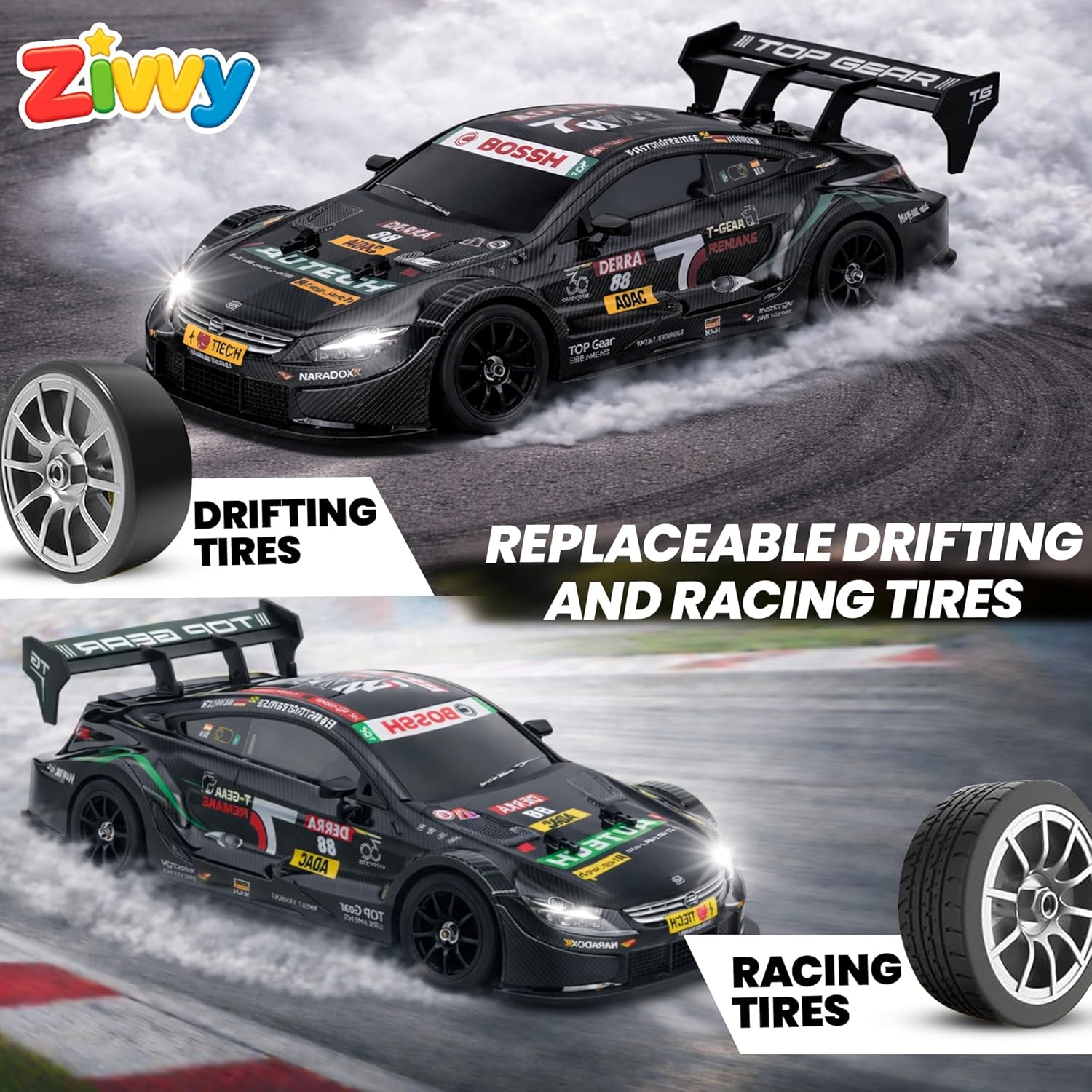 Big Remote Control Car Black | 2.4G Remote Control Drift RC Car with 150m Range, Neon Lights & Music | Rechargeable RC Racing Toy | Best Gift for Boys & Girls