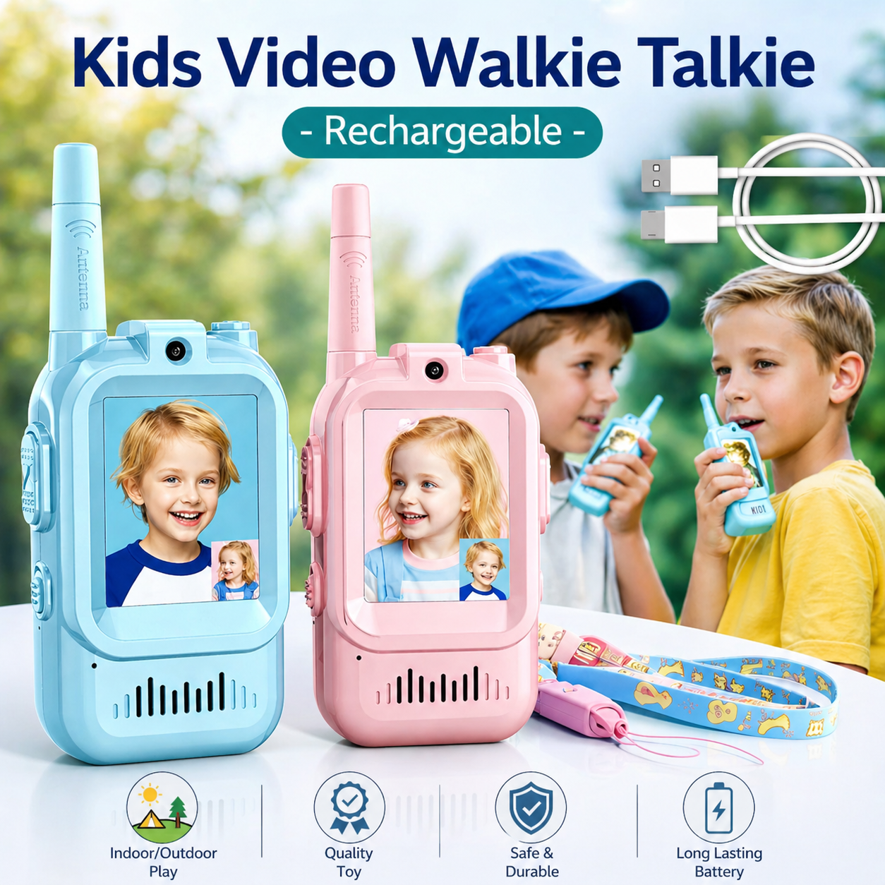 Rechargeable Video Walkie Talkie for Kids  for Kids – Two-Way Video & Voice Communication Set